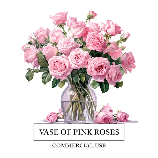 Vase Of Pink Roses Clipart - 14 High Quality JPGs - Flower Wedding Bouquet Watercolor Art Craft - Digital Design Download - Card Invitation