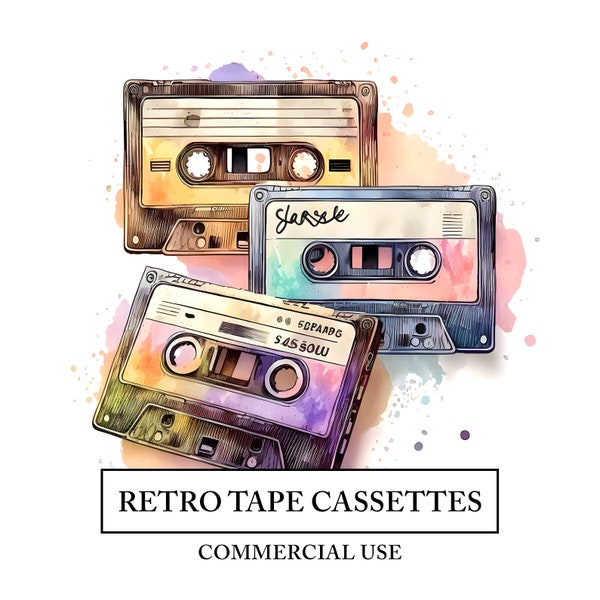 Retro Tape Cassettes Clipart - 6 High Quality JPGs - Vintage Music Player Watercolor Art Craft - Digital Design Download - Floral Tape Deck