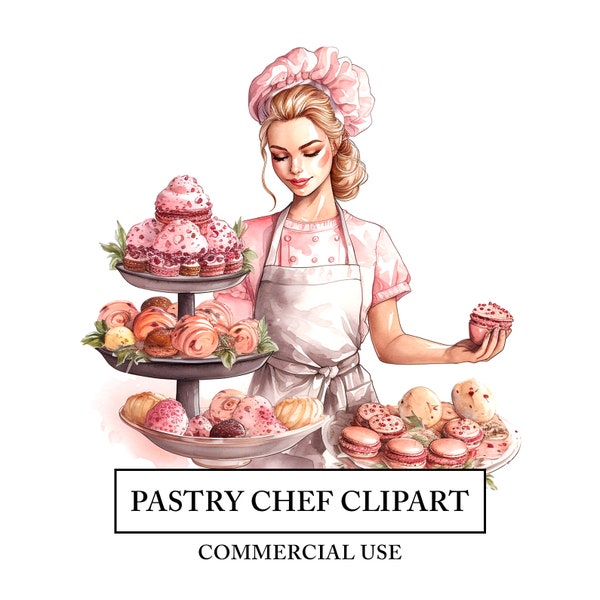 Pastry Chef Clipart - 6 High Quality JPGs - Female Baker Watercolor Art Craft - Digital Design Download - Sweet Cake Desert Cooking Baking