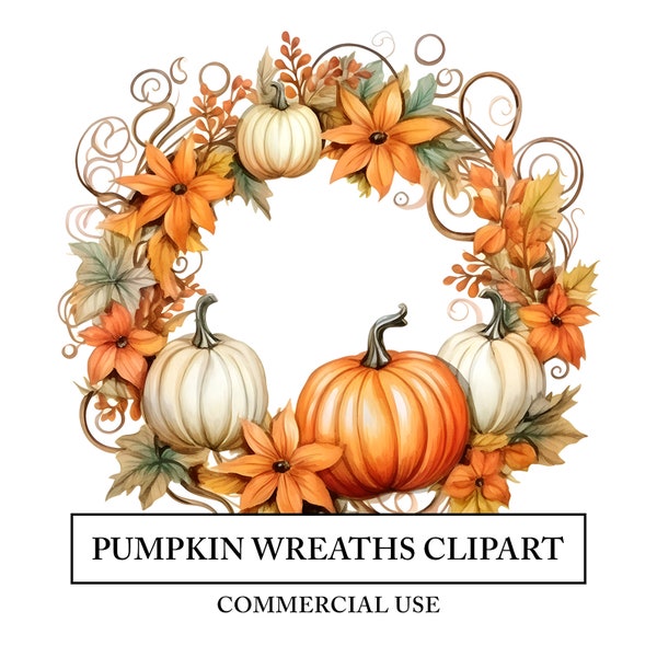Pumpkin Wreaths Clipart - 14 High Quality JPGs - Halloween Autumn Orange Watercolor Art Craft - Digital Design Download - Fall Leaves - Stem