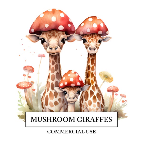 Mushroom Giraffes Clipart - 11 High Quality JPGs - Cute Fantasy Magical Toadstool Animal - Watercolor Art Craft - Digital Design Download