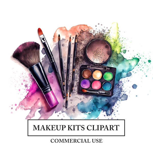 Makeup Kit Clipart - 10 High Quality JPGs - Rainbow Eye Shadow Face Blusher Watercolor Art Craft - Digital Design Download - Artist Toolkit