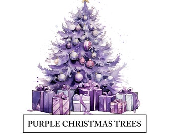 Purple Christmas Trees Clipart - 12 High Quality JPGs - Winter Gift Wrapping - Watercolor Art Craft - Digital Design Download - Decoration