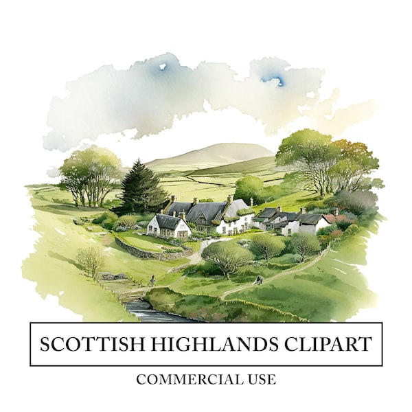 Scottish Highlands Clipart - 6 High Quality JPGs - Rugged Landscape Watercolor Art Craft - Digital Design Download - Countryside Scenery