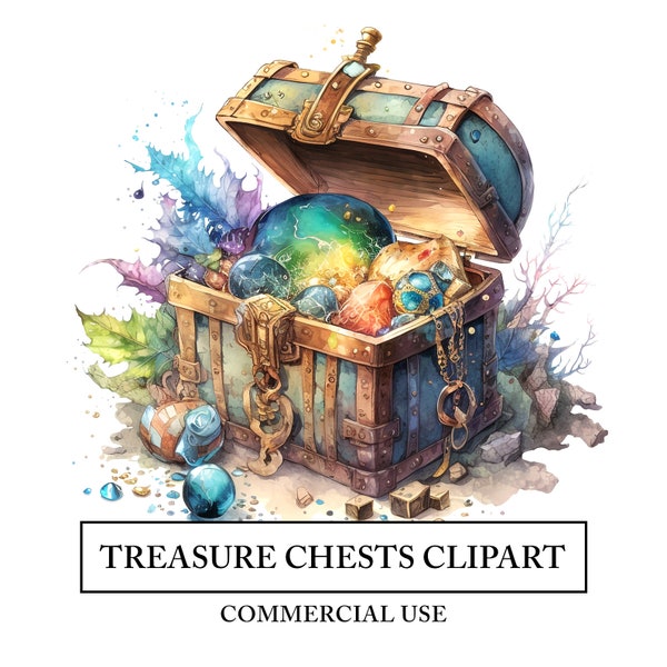 Treasure Chest Clipart - 5 High Quality JPGs - Pirate Gold Jewels Watercolor Art Craft - Digital Design Download - Desert Island - Nautical