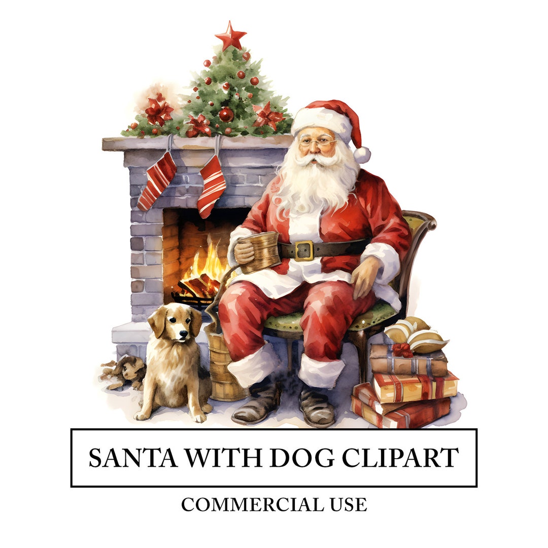 Santa With Dog Clipart 10 High Quality Jpgs Father Christmas Red Watercolor Art Craft Digital