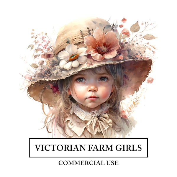 Victorian Farm Girls Clipart - 10 High Quality JPGs - Vintage Little Girl Watercolor Art Craft - Digital Design Download - Flower Hat Child