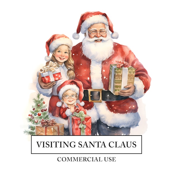 Visiting Santa Clipart - 8 High Quality JPGs - Heartwarming Santa Claus With Kids Gifts - Watercolor Art Craft - Digital Design Download