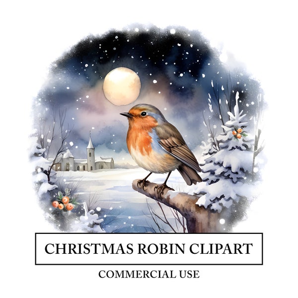 Clipart Robin de Noël - 10 fichiers JPG de haute qualité - scène d'animaux d'hiver - artisanat d'art aquarelle, téléchargement de conception numérique - illustration de rouge-gorge