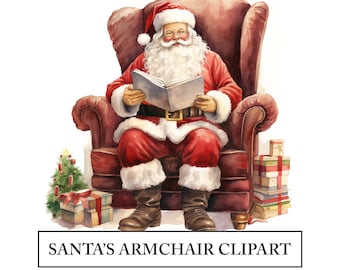 Santa Armchair Christmas Clipart - 8 High Quality JPGs - Festive Watercolor Art Craft - Vintage Santa -Digital Design Download, Card Design