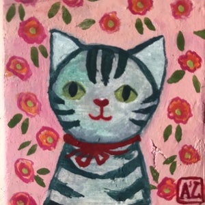 Grey Striped Cat Art. Tabby cat wall art. SMALL ORIGINAL PAINTING. Cute grey kitten painting.