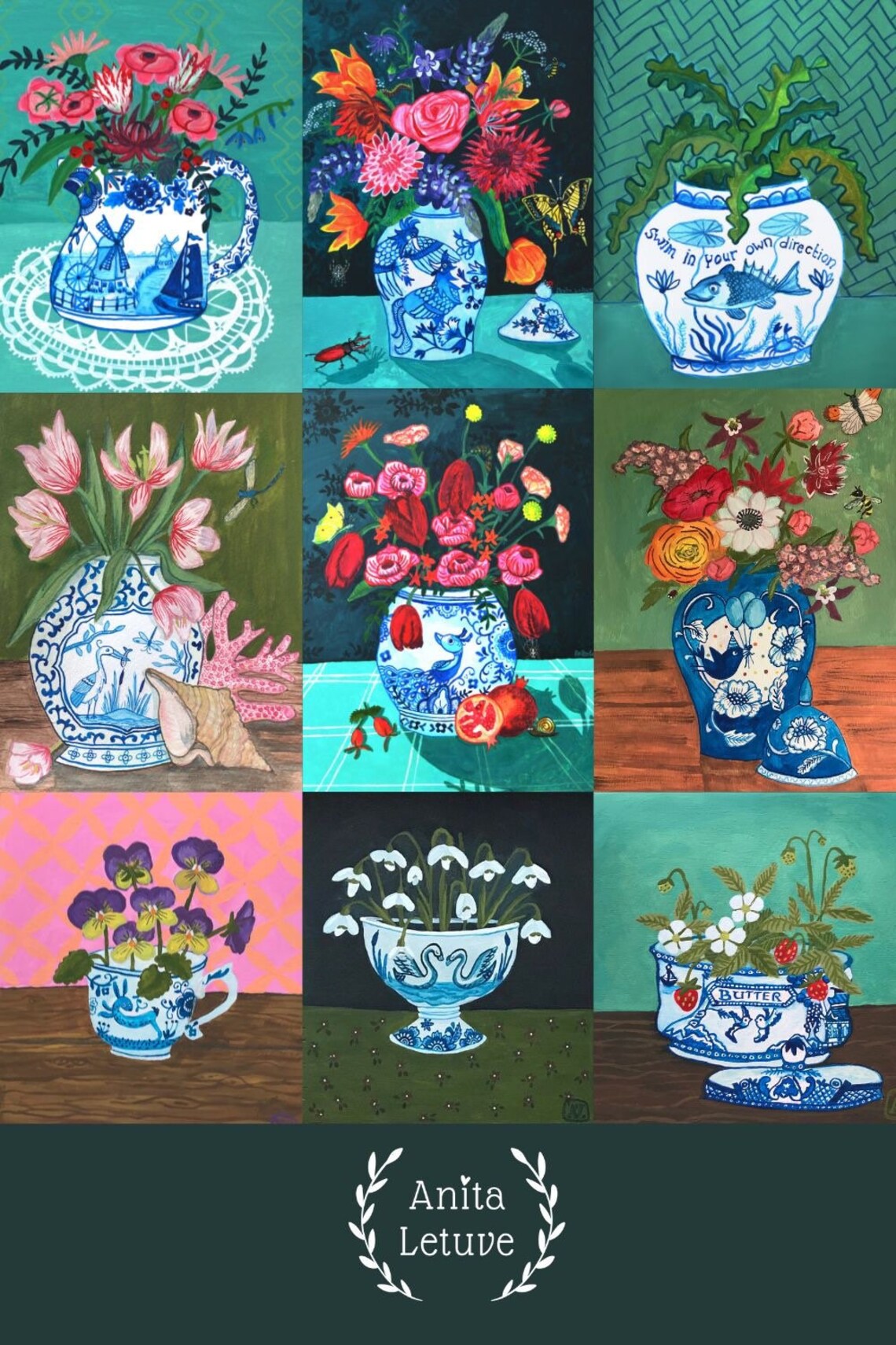 Chinoiserie Vase Art Print, Delft Blue Flower Vase Still Life 8x10