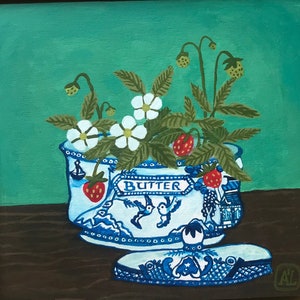 Oude Willow China botervloot schilderij. Blauw witte keramiek kunst aan de muur. ORIGINEEL KEUKENSCHILDERIJ. Aardbeienplant nadalrówny.
