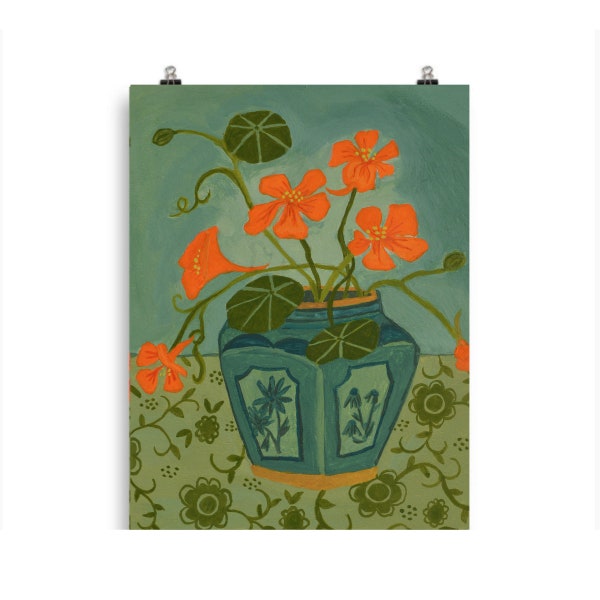 AFFICHE Capucine | Pot de gingembre vert émeraude avec écusson indien | Fleur d'oranger des moines | Décoration murale végétale Empress of India | 30x40 cm