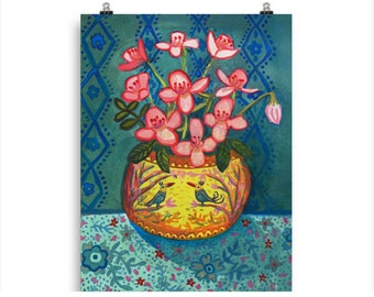 Pastel Oriental Flower Still Life with birds POSTER ART PRINT | Bold Chinoiserie Oriental Yellow Vase with Pink Clematis Painting | 30x40cm