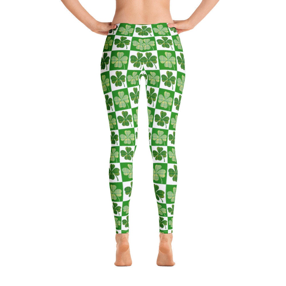 Checkered Shamrock Yoga Leggings St Patrick's Day Four Leaf Clover 