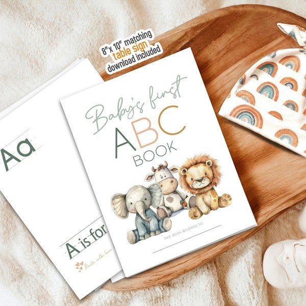 Babys first ABC book Baby's shower activity game gift alphabet keepsake Mom to be coloring blank book A-Z table sign printable download PDF