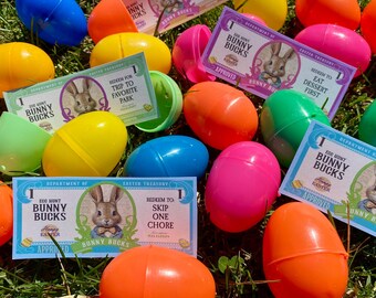 Rellenos para huevos de Pascua, dólares de conejo, cupones imprimibles para la búsqueda de huevos, fichas de billetes de un dólar, canasta de actividades de Pascua para niños, premio en dinero, descarga instantánea
