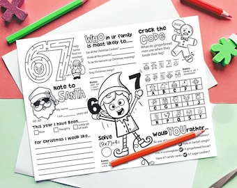 Hoja de actividades imprimible con notas de elfo 67, descarga instantánea, rompecabezas para niños, cartas de Santa Claus, actividad digital, seis, siete, fin de semana