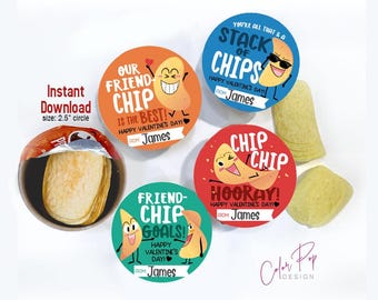 Papas fritas para niños San Valentín para Pringles Papas fritas redondas Día de San Valentín intercambio escolar imprimible aula descarga digital instantánea niño niña