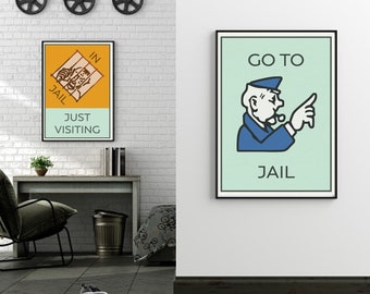 go to jail, monopoly art, just visiting, board game print, gaming décor, bedroom poster, set of 2, in jail, business wall art, office room