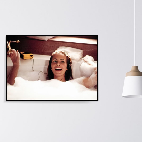 Pretty woman movie print, Julia Roberts film, Bathroom scene, female wall art, cinema room, iconic poster, bubble bath, 90s home décor