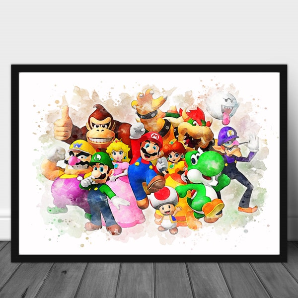 Mario gaming room poster print, donkey Kong, princess peach, bowser character, wall art, bedroom décor, luigi brother, Yoshi party