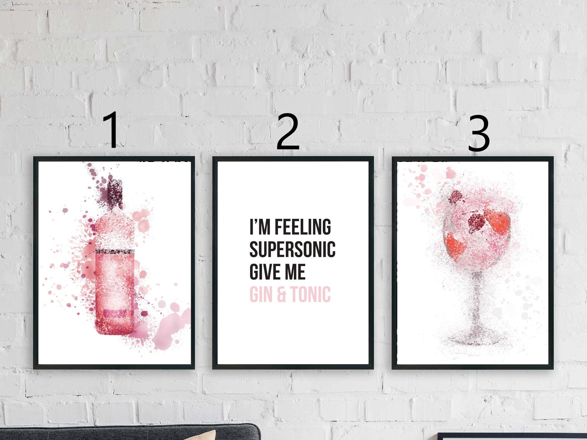 Pink gin glass and bottle prints kitchen wall art alcohol Etsy