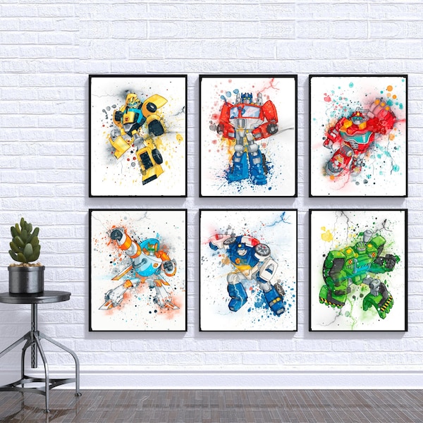 Transformers prints, digital download, printable art, optimus prime, bumblebee, movie wall art, superhero décor, set of 6, robot posters