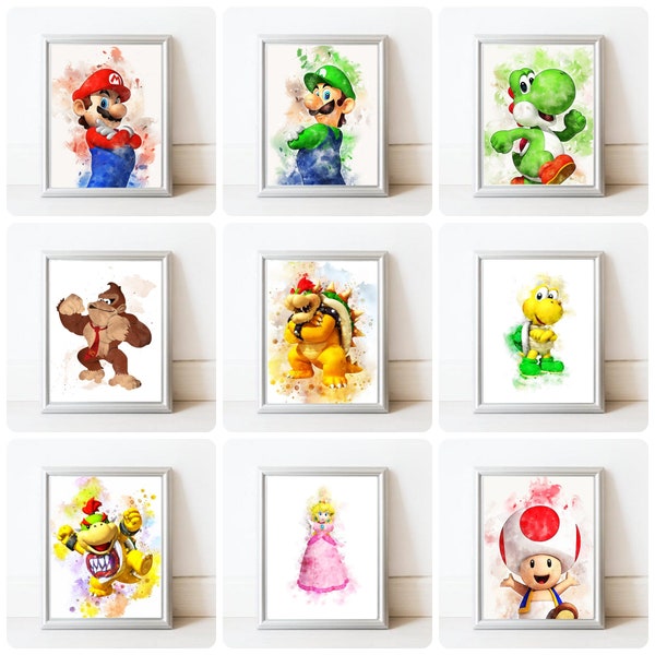 Mario prints, Mario brothers, gamer gift, Nintendo video game, Yoshi, Luigi, character wall art, kids gift, party decor, games room
