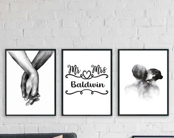 Mr and Mrs personalised wall art prints, couples bedroom décor, above the bed posters, wedding gift, boyfriend girlfriend, his and hers gift