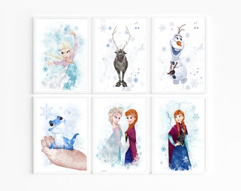 Frozen movie prints, Elsa and Anna, Olaf snowman, Sven reindeer, princess sisters, best friends, girls bedroom decoration, Bruni salamander