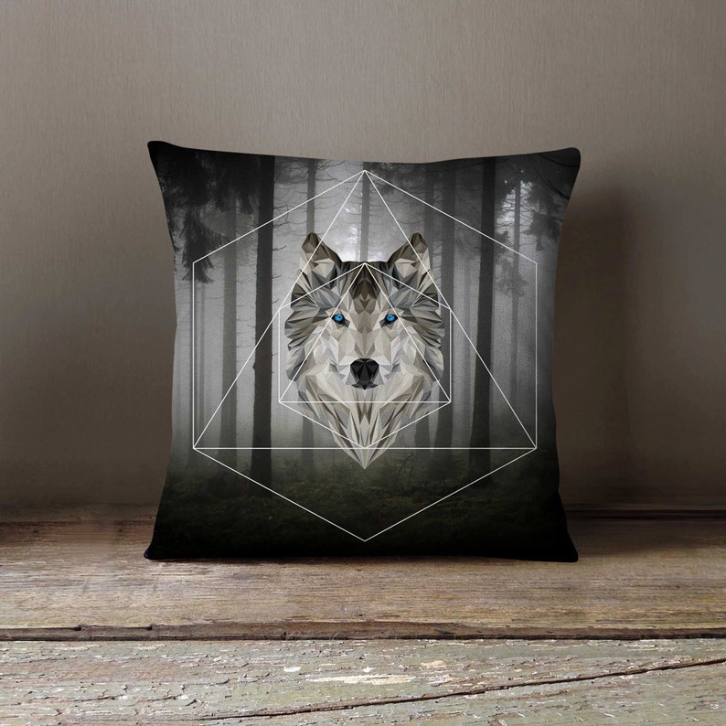 Geometric Wolf Pillowcase Forest Grey Decorative Throw Pillow Etsy