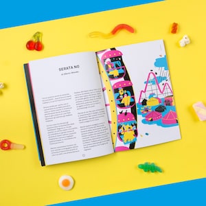 May include: A colourful illustration of a Ferris wheel with people riding in the gondolas. The Ferris wheel is in front of a carnival with tents, rides, and a roller coaster. The text "SERATA NO" is written in black and white on the page.