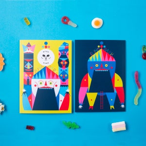 May include: Two colourful magazine covers with a yellow and blue background. The covers feature illustrations of cartoon characters with geometric shapes and the text "Run Park" and "Myau Zine".