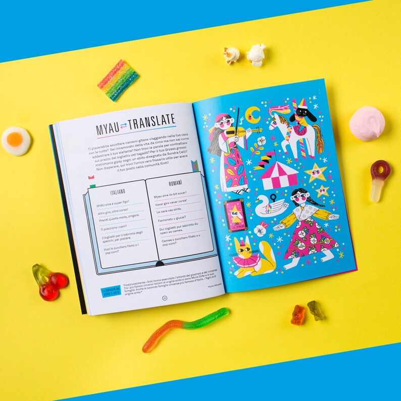 May include: An open book with a blue cover and colourful illustrations. The book is titled "MYAU = TRANSLATE" and features a bilingual dictionary with Italian and Romanian words. The book is open to a page with a section titled "ITALIANO" and another section titled "ROMANĂ".