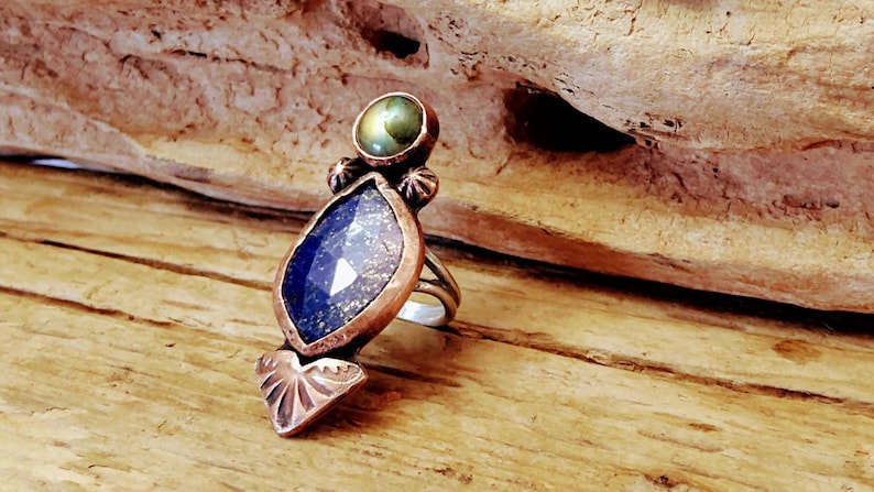Copper Ring Artisan Labradorite and Lapis Statement Ring Statement Ring Sterling Ring Lapis Ring Metalsmith Labradorite Ring