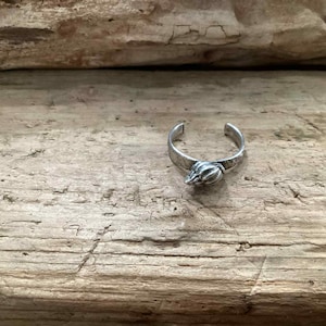 Könnte beinhalten: Ein silberfarbener Ring mit offenem Design. Der Ring hat ein strukturiertes Band und ein detailliertes, stilisiertes, blumen- oder samenpodähnliches Element in der Mitte. Auf rustikalem Holzgrund.