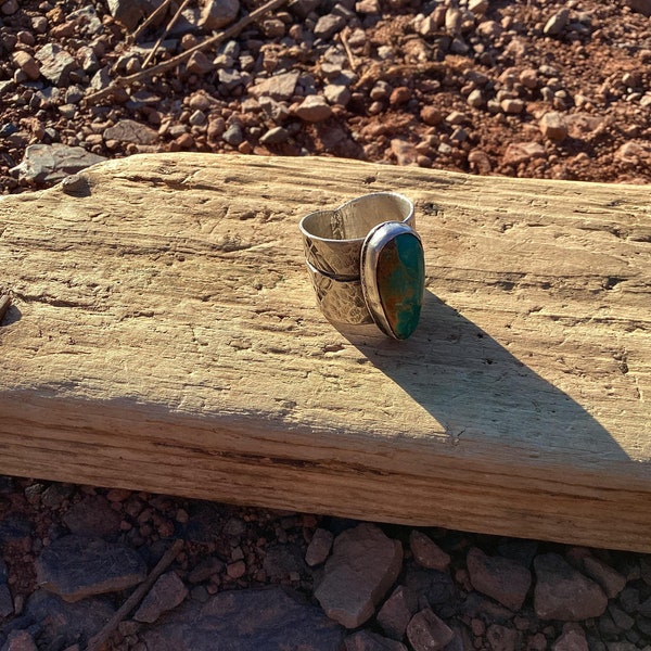 Sterling Silver and Turquoise Hand Stamped Ring, Turquoise Ring, Cigar Band, Turquoise Jewelry, Artisan Jewelry, Hand Stamped Jewelry