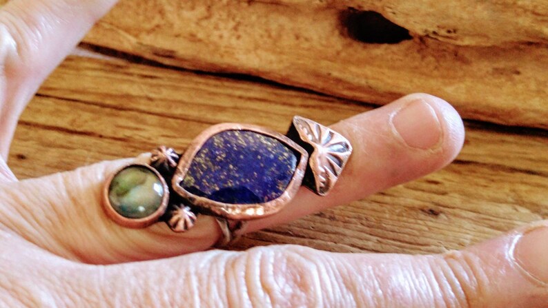 Copper Ring Artisan Labradorite and Lapis Statement Ring Statement Ring Sterling Ring Lapis Ring Metalsmith Labradorite Ring