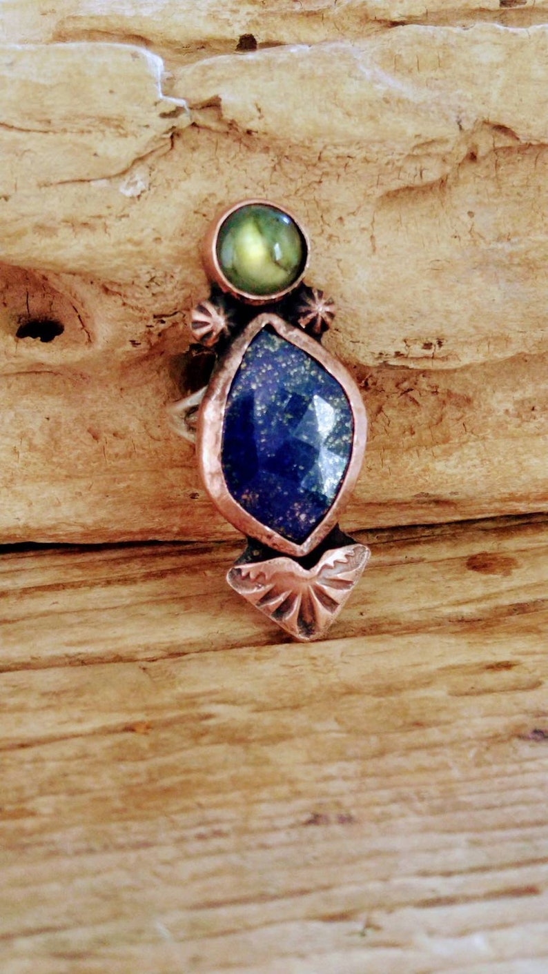 Copper Ring Artisan Labradorite and Lapis Statement Ring Statement Ring Sterling Ring Lapis Ring Metalsmith Labradorite Ring