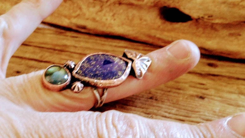 Copper Ring Artisan Labradorite and Lapis Statement Ring Statement Ring Sterling Ring Lapis Ring Metalsmith Labradorite Ring