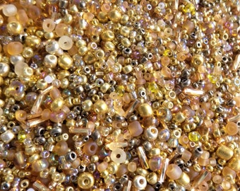 Gold Coloured Mixed Seed and Bugle Glass Beads x 25g bag.  Mixed Size Beads. Sewing, Embroidery, Embellishments. Crafts. Creative Crafts