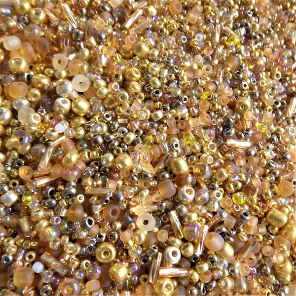 Gold Coloured Mixed Seed and Bugle Glass Beads x 25g bag.  Mixed Size Beads. Sewing, Embroidery, Embellishments. Crafts. Creative Crafts