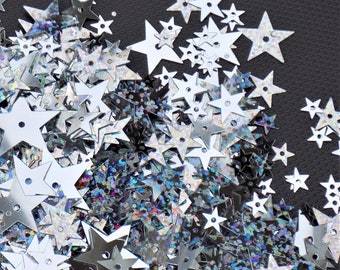 Silver Star Sequin Mix 15g. 100s of Silver Colour Metallic and Hologram Star Shape Sequins. Sew on Sequins. Festive Christmas.