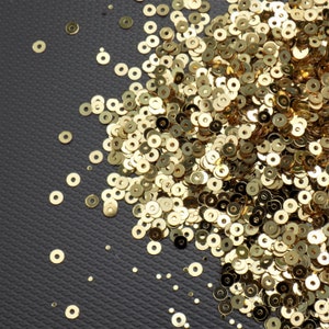 May include: A pile of gold-coloured round sequins scattered on a black textured surface. The sequins are small and have a shiny finish.