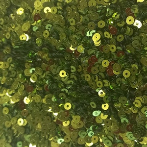 May include: A close-up image of a large quantity of green sequins. The sequins are round and have a metallic sheen.