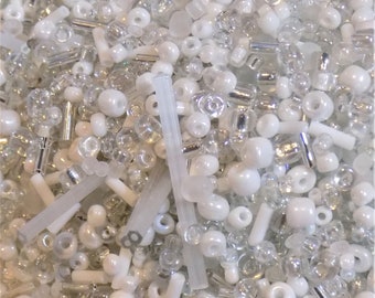 White, Clear and Silver Mixed Seed and Bugle Glass Beads x 25g bag. Winter Bead Mix Mixed Size Beads. Sewing, Embroidery, Embellishments.