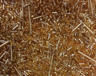 Gold Coloured Mixed Seed and Bugle Glass Beads x 25g bag.  Mixed Size Beads. Sewing, Embroidery, Embellishments. Crafts. Creative Crafts