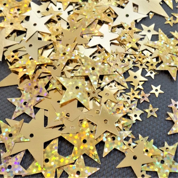 Gold Star Sequin Mix 20g. 100s of Gold Colour Metallic and Hologram Star Shape Sequins. Sew on Sequins. Festive Christmas.